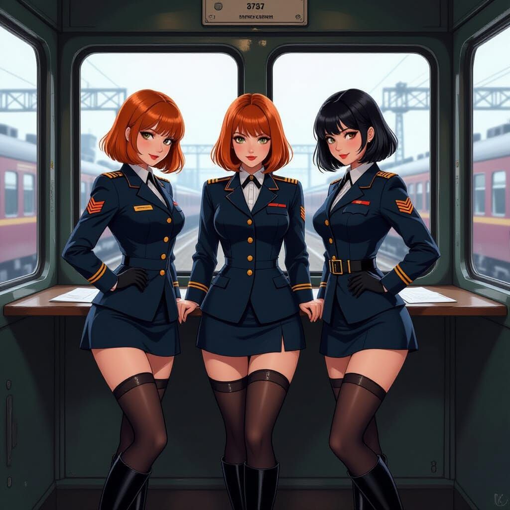 Vintage Railway Ladies in Signal Box, Syd Mead Style