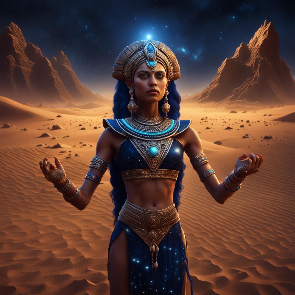 Anunnaki Girl Chanting Under Starry Desert Sky