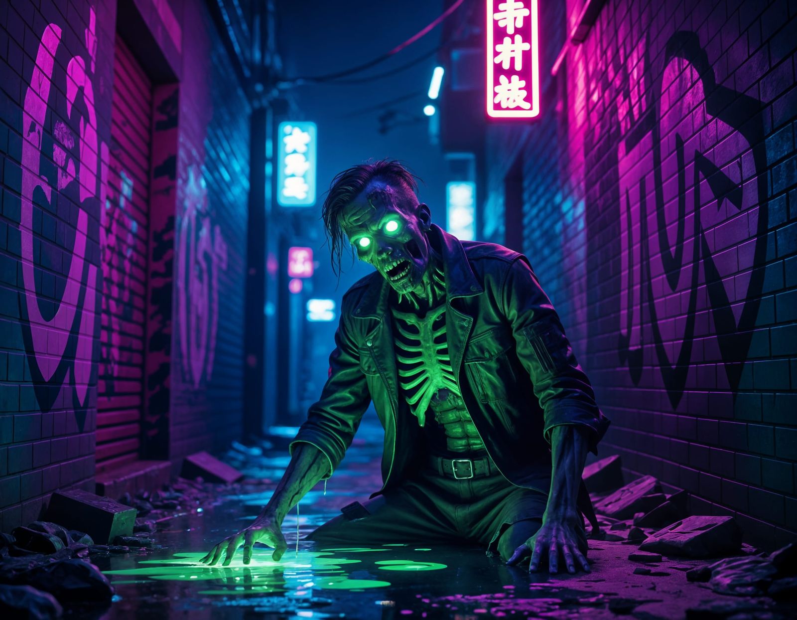 Zombie in Dystopian Alleyway with Neon Lights