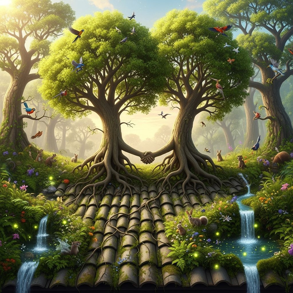 a full forest grows on a roof