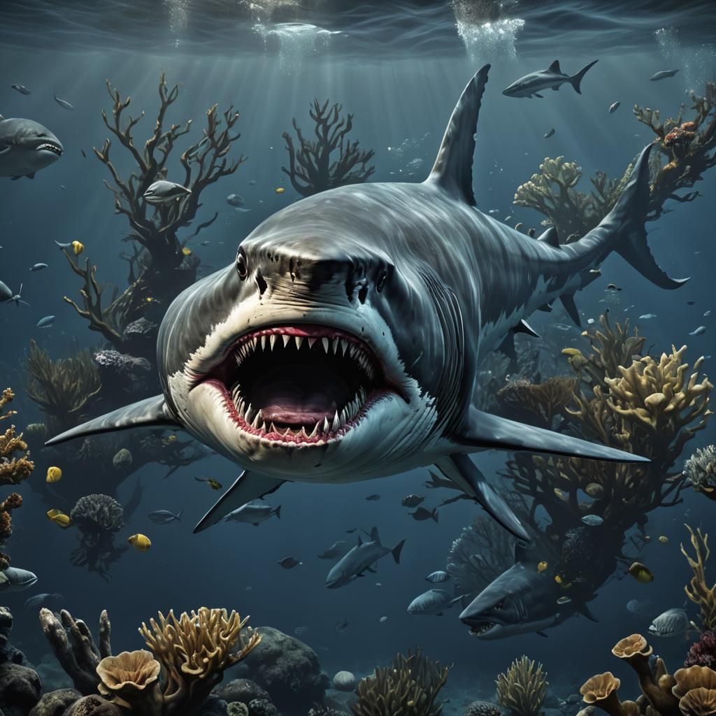A terrifyingly hyperrealistic 3D picture of a Megalodon, the...
