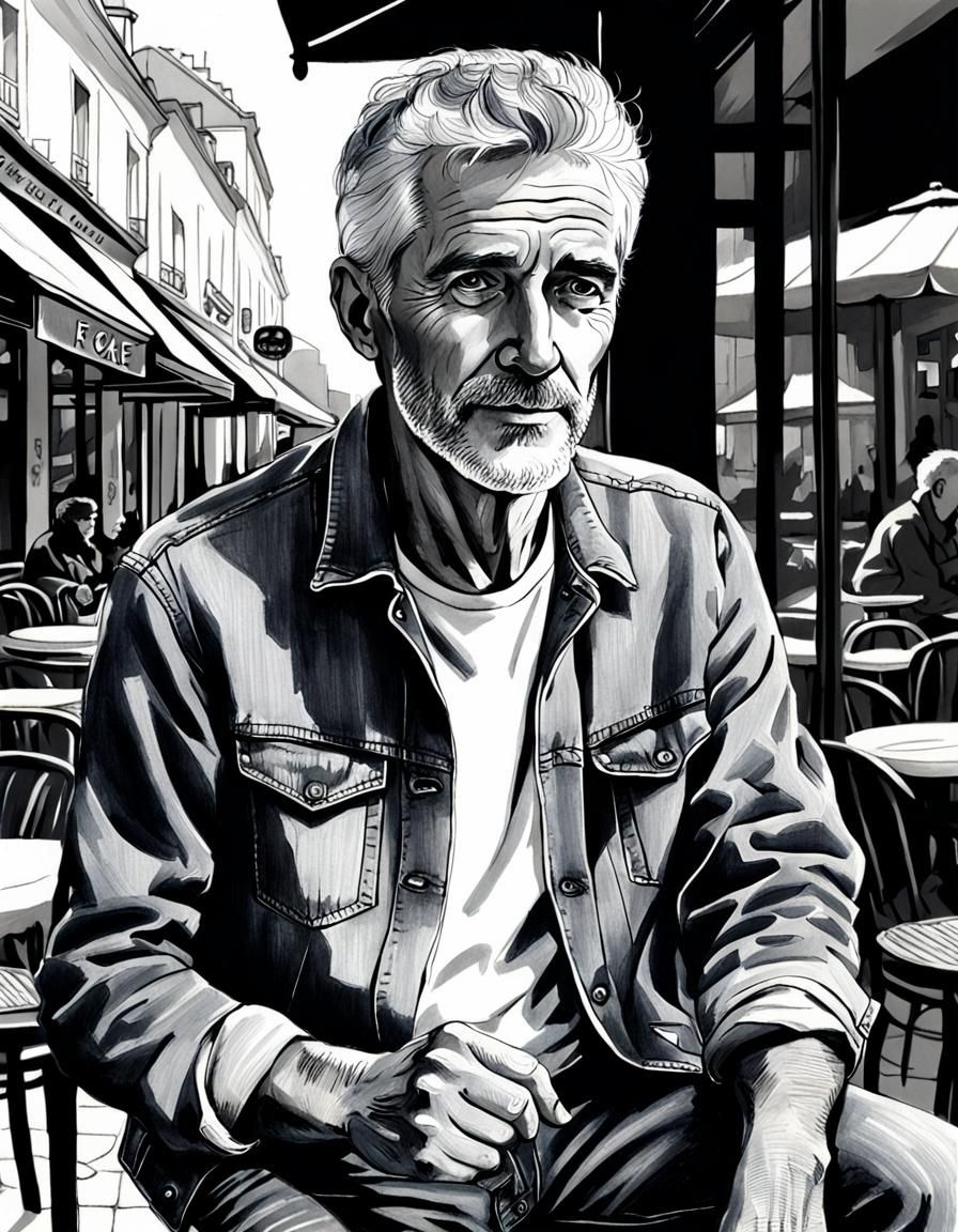 Monochrome Portrait of Man at French Cafe