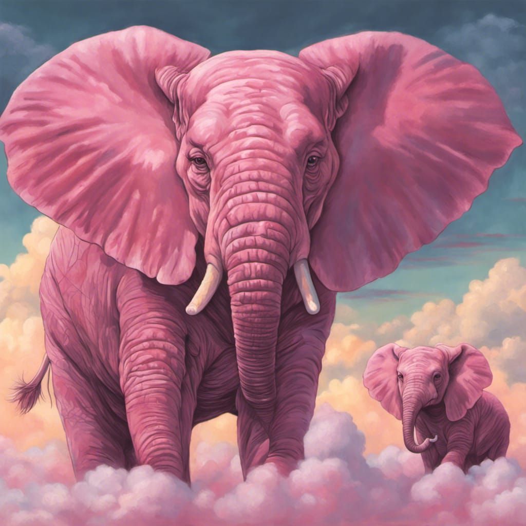 Pink Elephant Family in Dreamy Pastel Sky