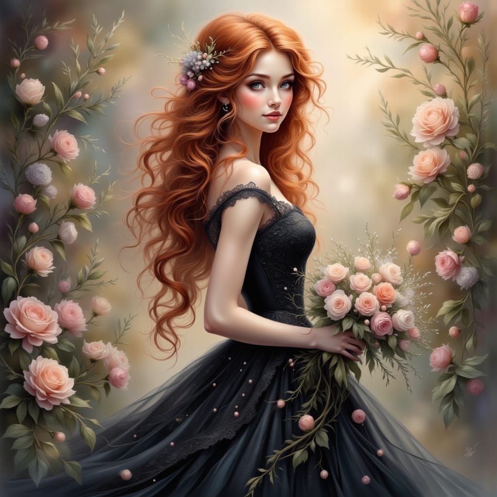 Elegant Redhead in Garden, Anime Style Art