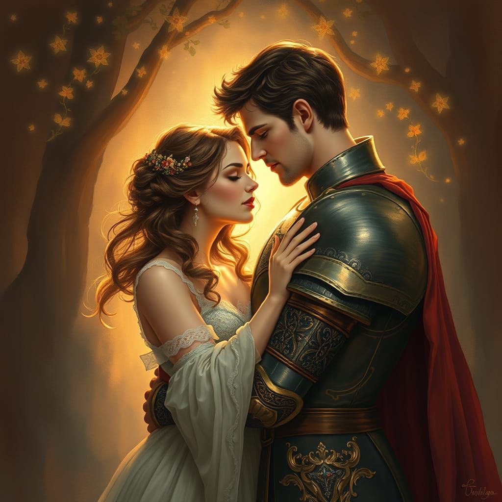 Romantic Knight Embracing Lover in Pre-Raphaelite Style