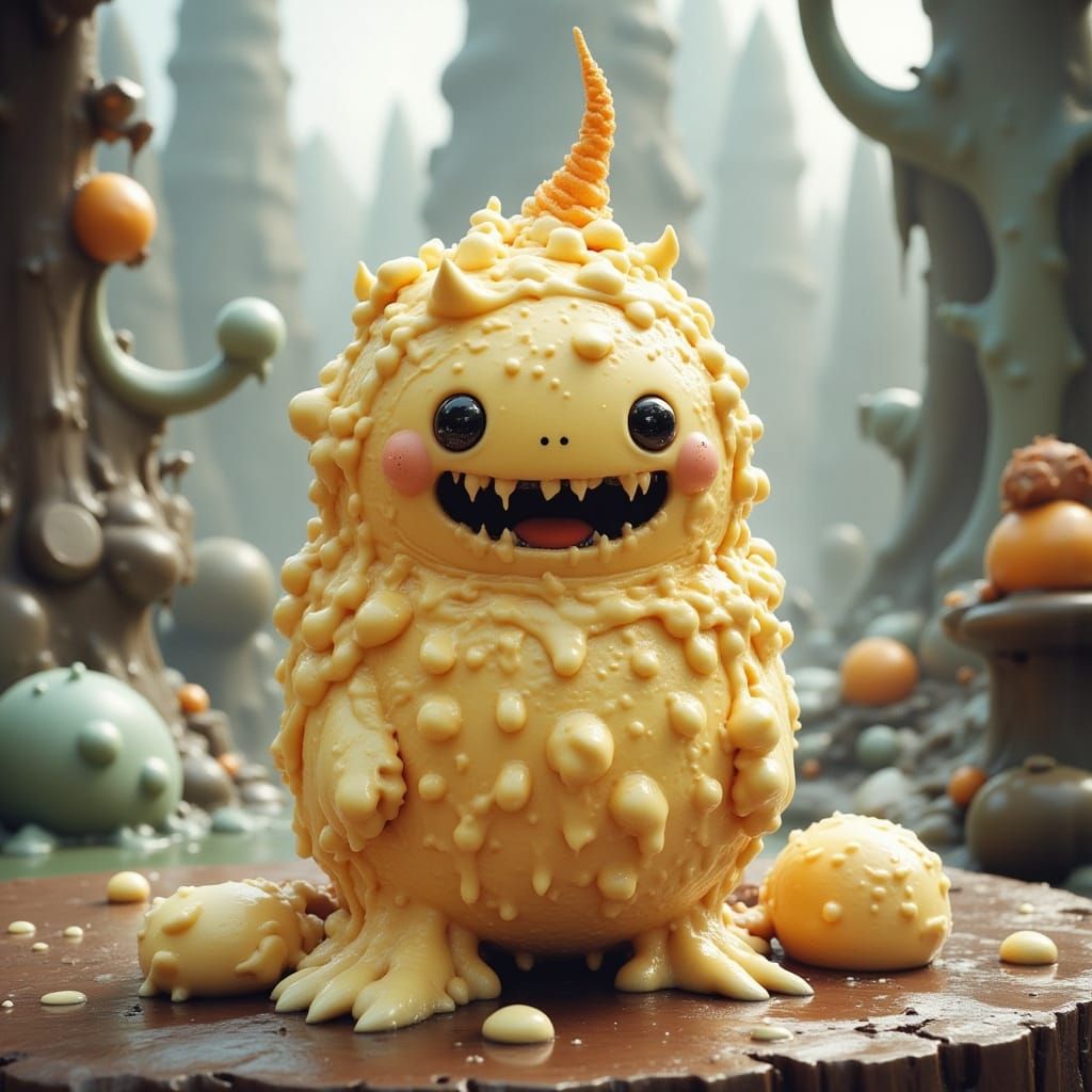 Whimsical Custard Creature with Cute and Creepy Style