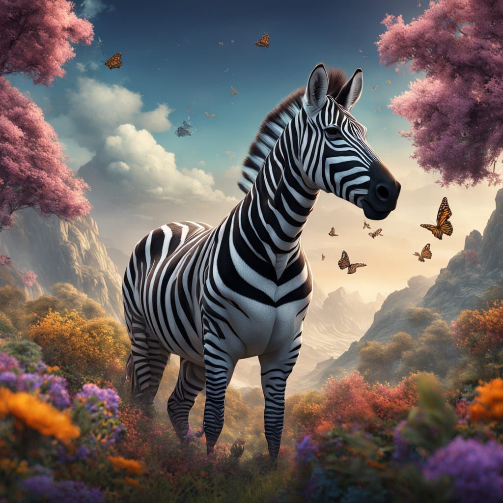 Majestic Zebra in Vibrant Wildflower Field Under Spring Sky
