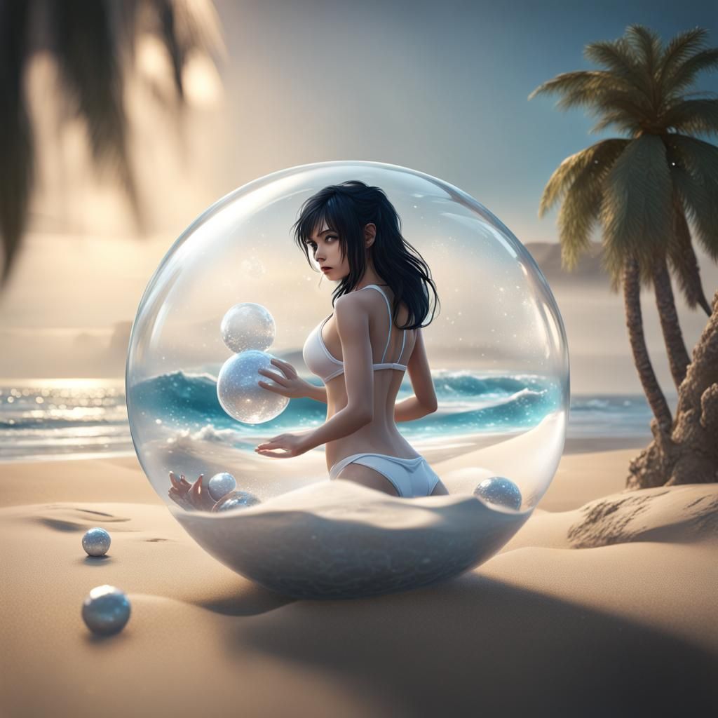 Girl in Snow Globe on Beach: Detailed Digital Painting