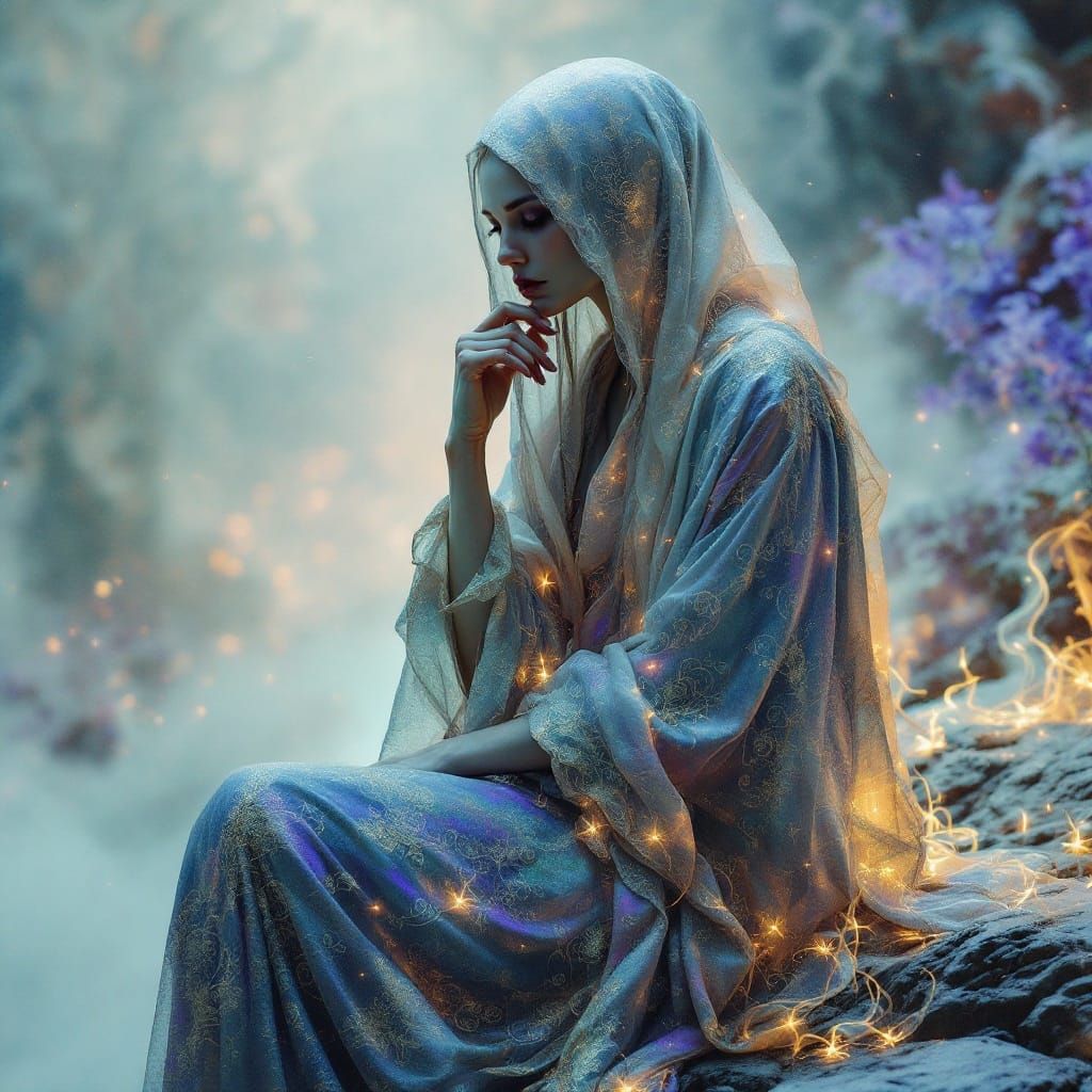 Mysterious Figure Lost in Thought Amidst Ethereal Landscape