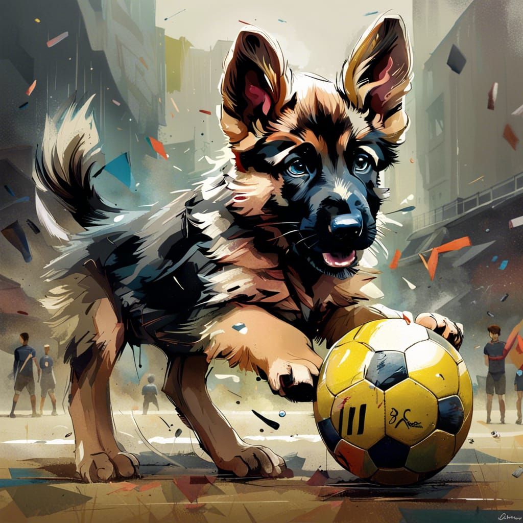Anthro German Shepherd Puppy Plays Football
