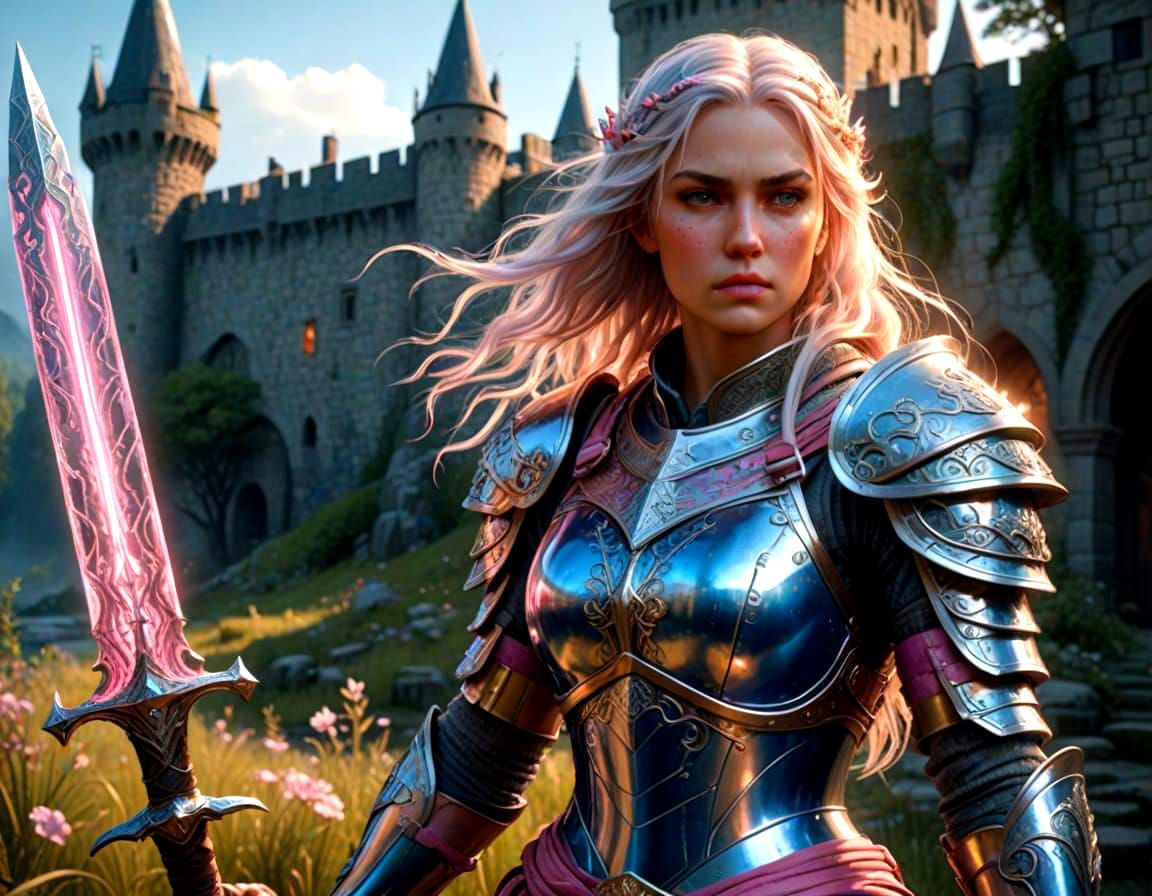 Medieval Fantasy Warrior in Pink and Blue Armor