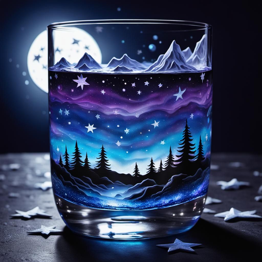Glass whiskey glass cosmos galaxy universe novachaotic winter landscape