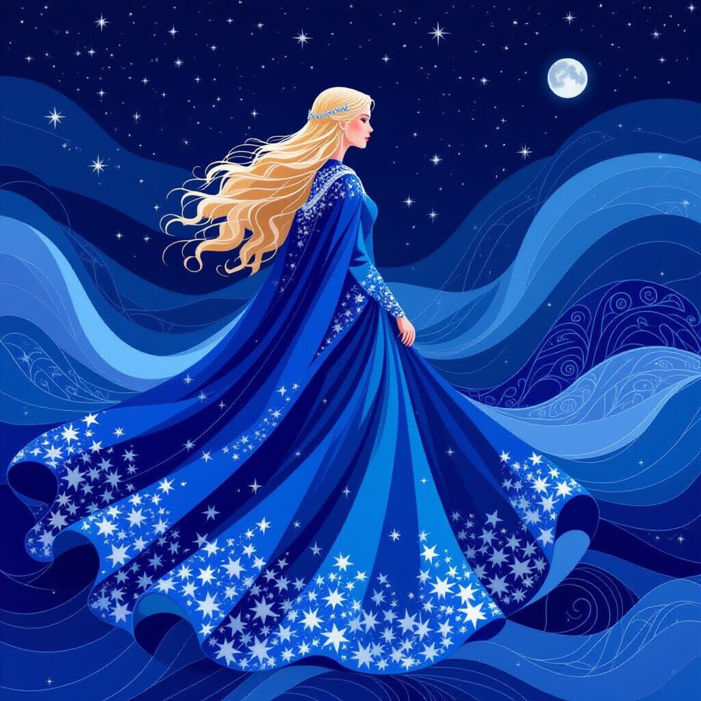 Lady Éowyn's Starry Blue Mantle in Vector Fractal Style