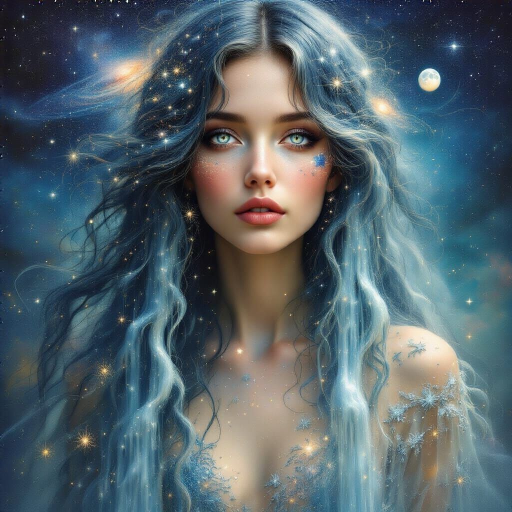 Surreal Woman's Hair Becomes Waterfall Under Starry Sky