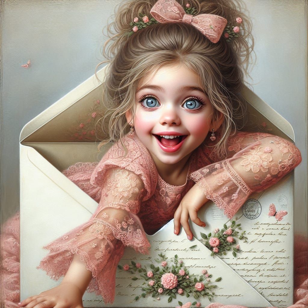 Whimsical Girl in Envelope, Oil Painting Style