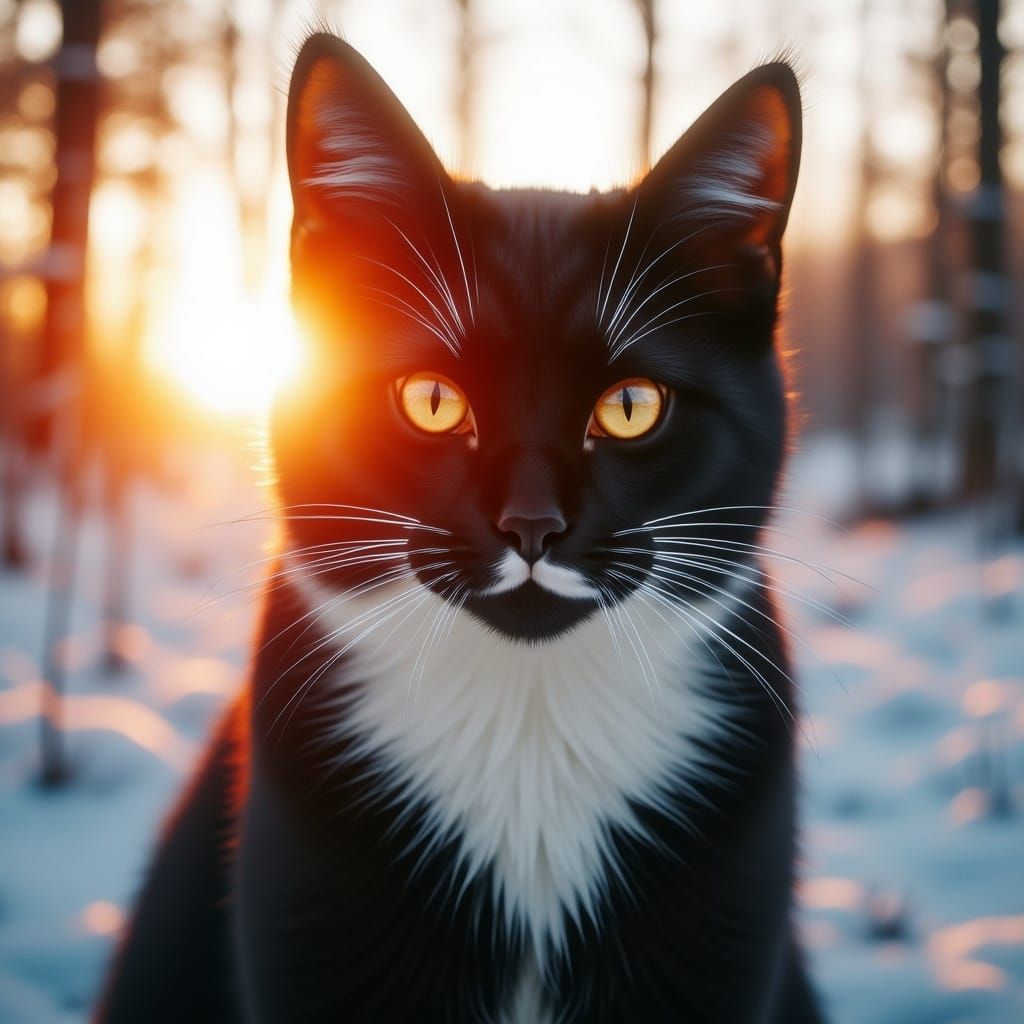 Regal Tuxedo Cat Silhouette Against Winter Sunrise