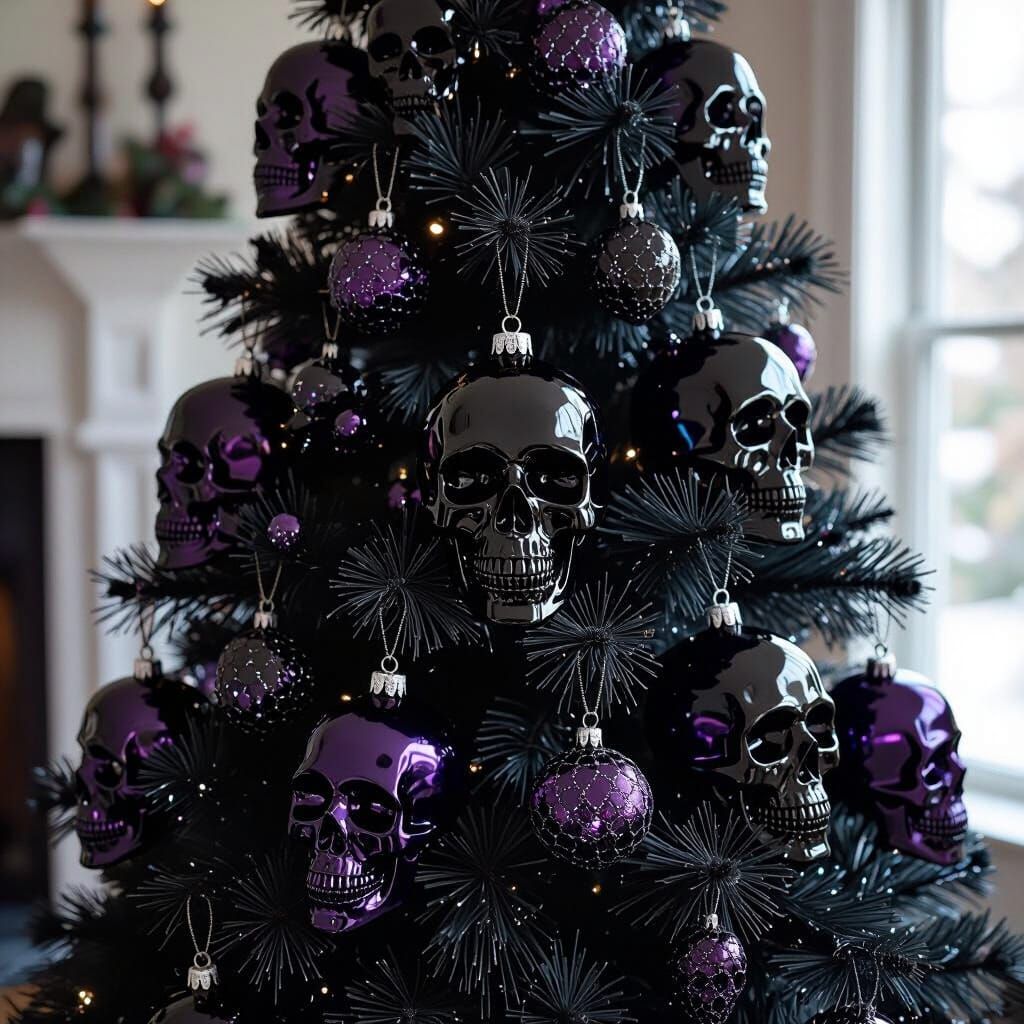 Gothic Black Christmas Tree with Skull Ornaments
