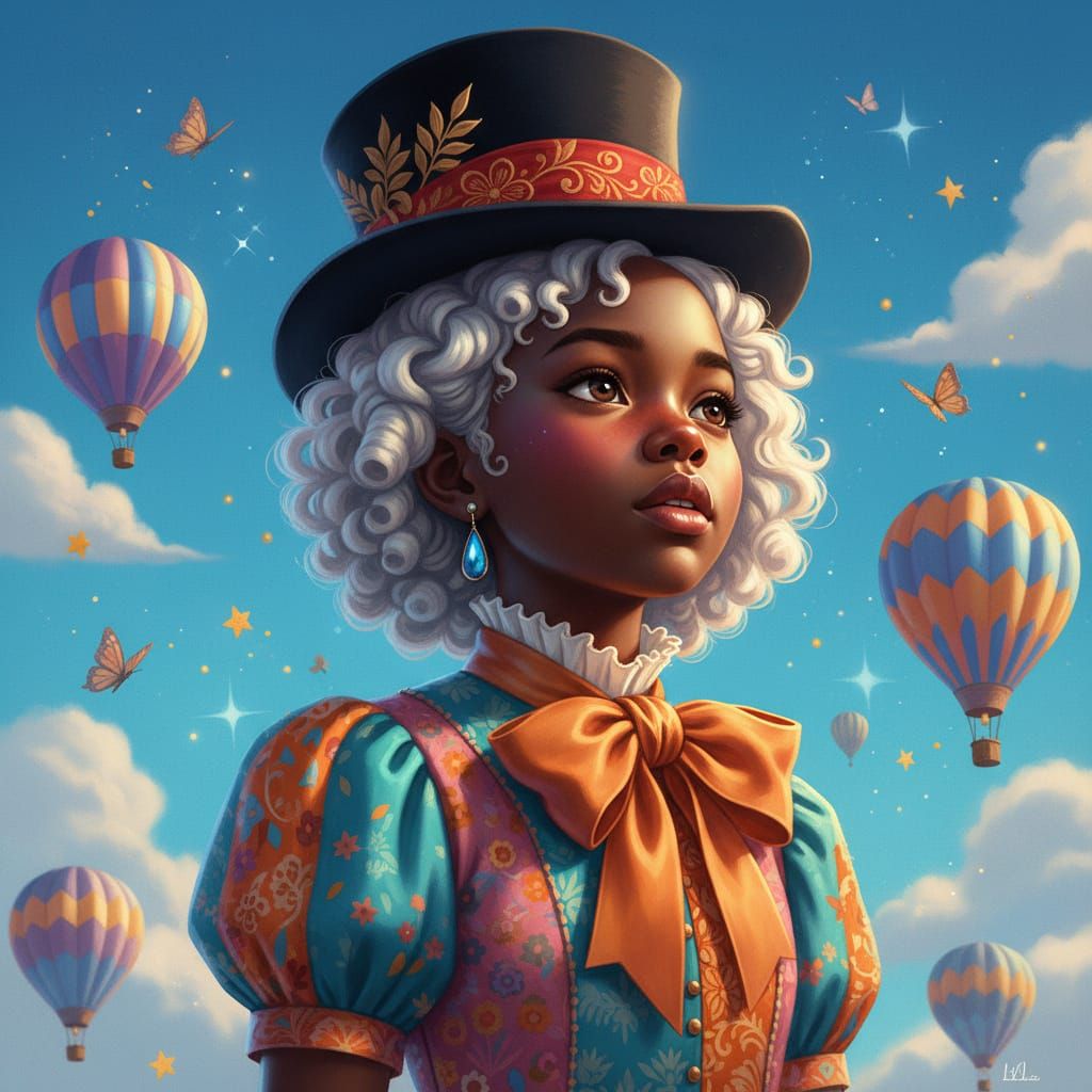 Young Girl Gazes Up at Sky with Hot Air Balloons