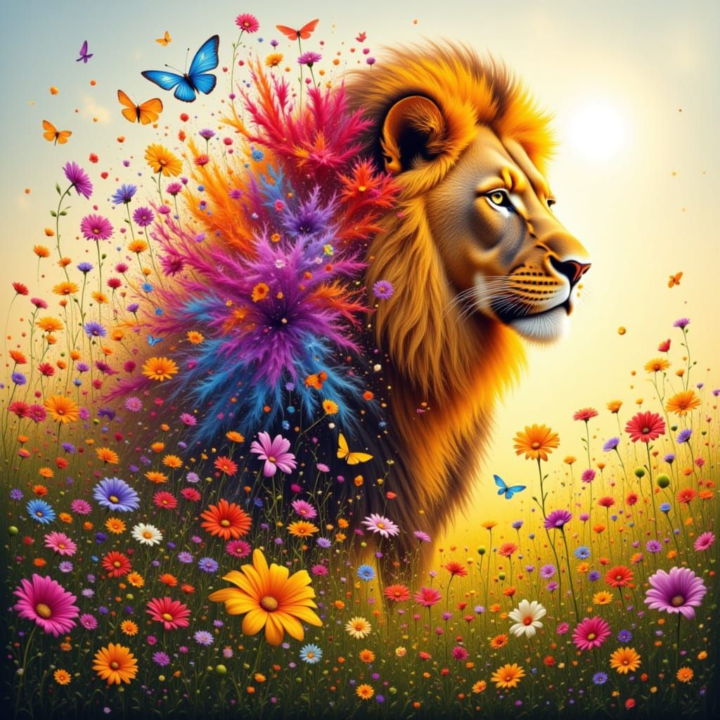 Majestic Lion Basking in Blooming Meadow