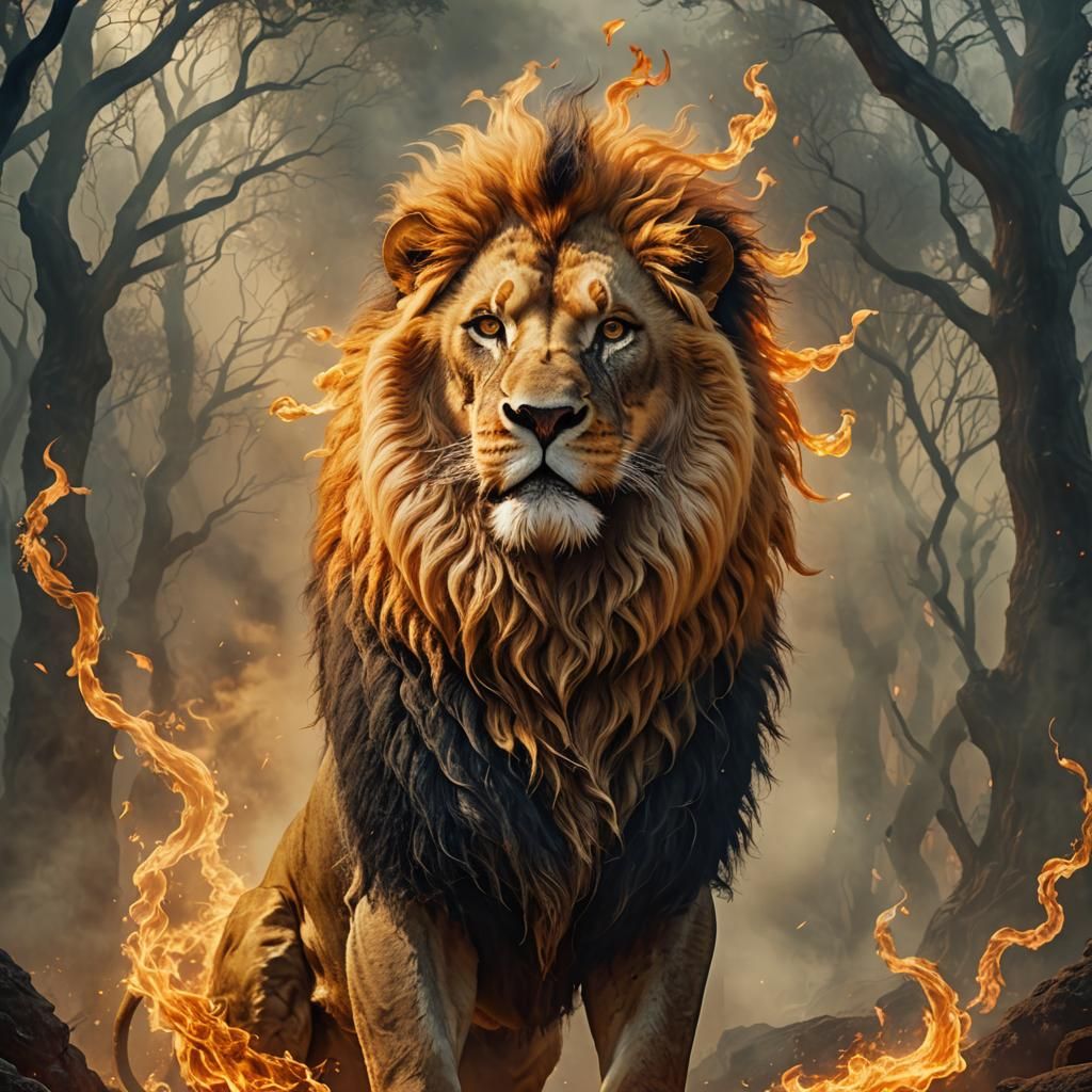Fiery Lion in Ethereal Neo-Surreal Fantasy