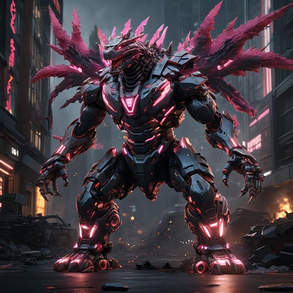 Pink Flaming Mecha Godzilla in Sci-Fi Style