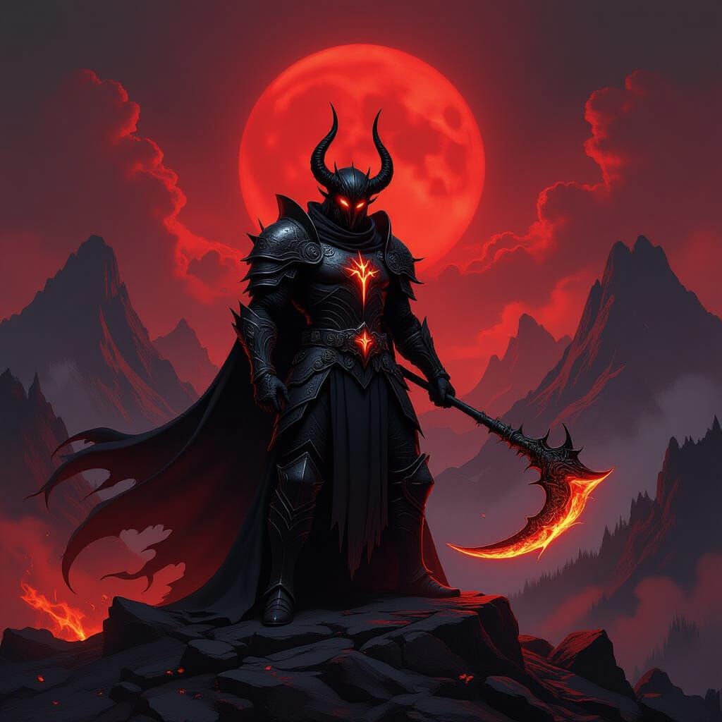 Demon Lord on Volcanic Peak with Flaming Scythe