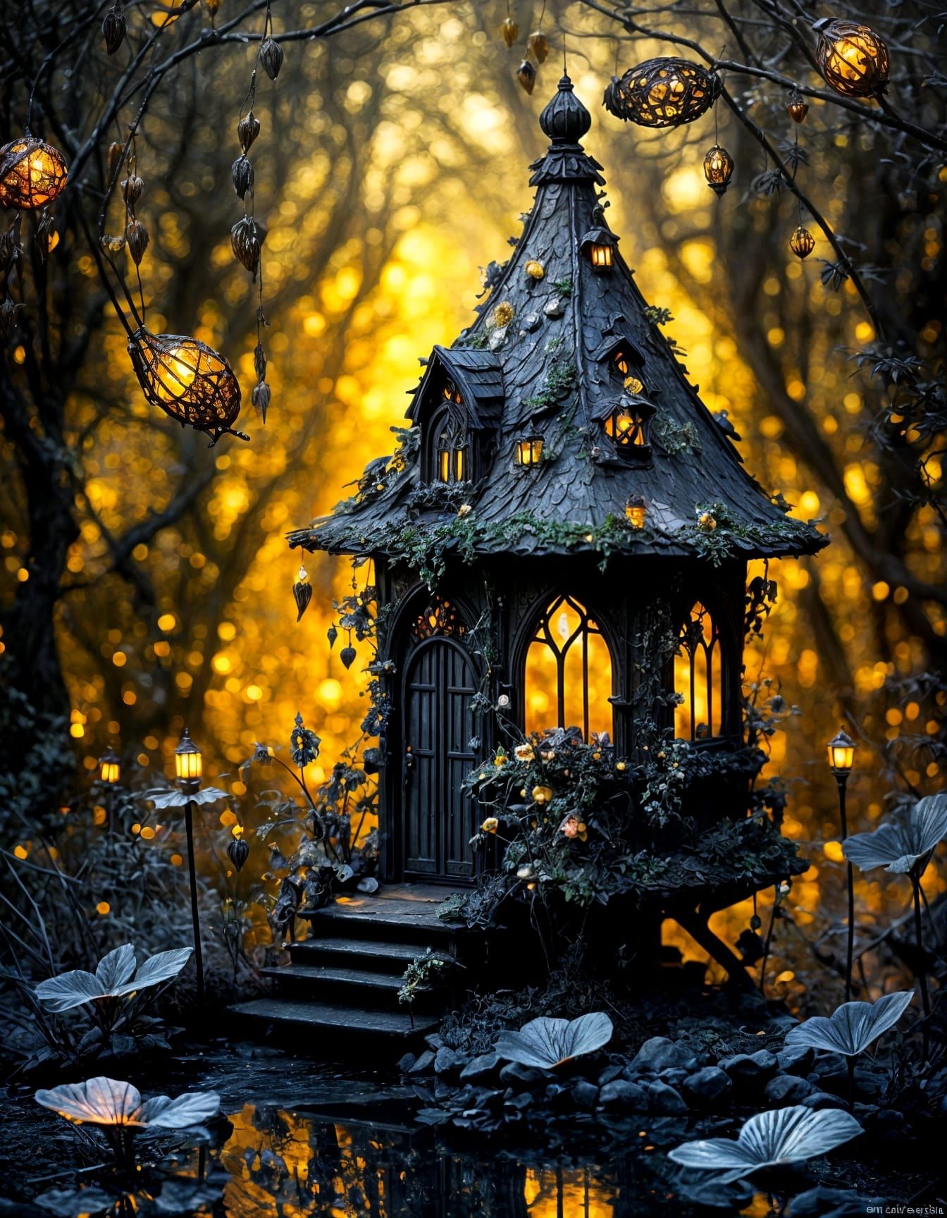 Victorian Fairy Cottage in Dark, Cold Tones