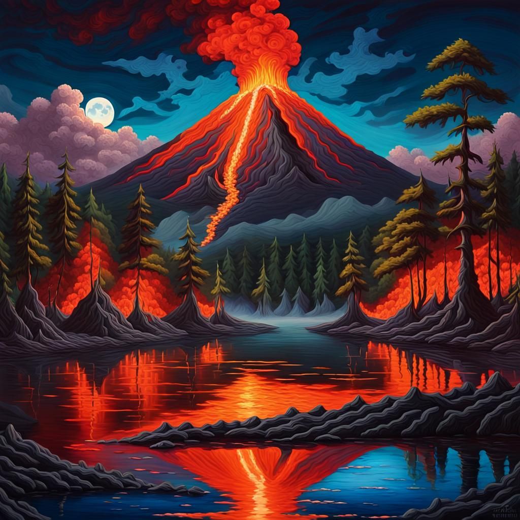 Volcanic Eruption Under Moonlight: Surreal Oil Painting