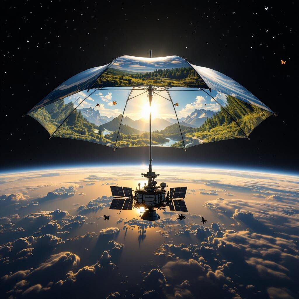 Giant Umbrella Protects Space Lab: A Surreal Cosmic Shield