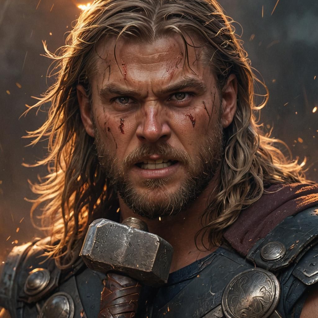 Thor's Furious Face in War-Torn Landscape