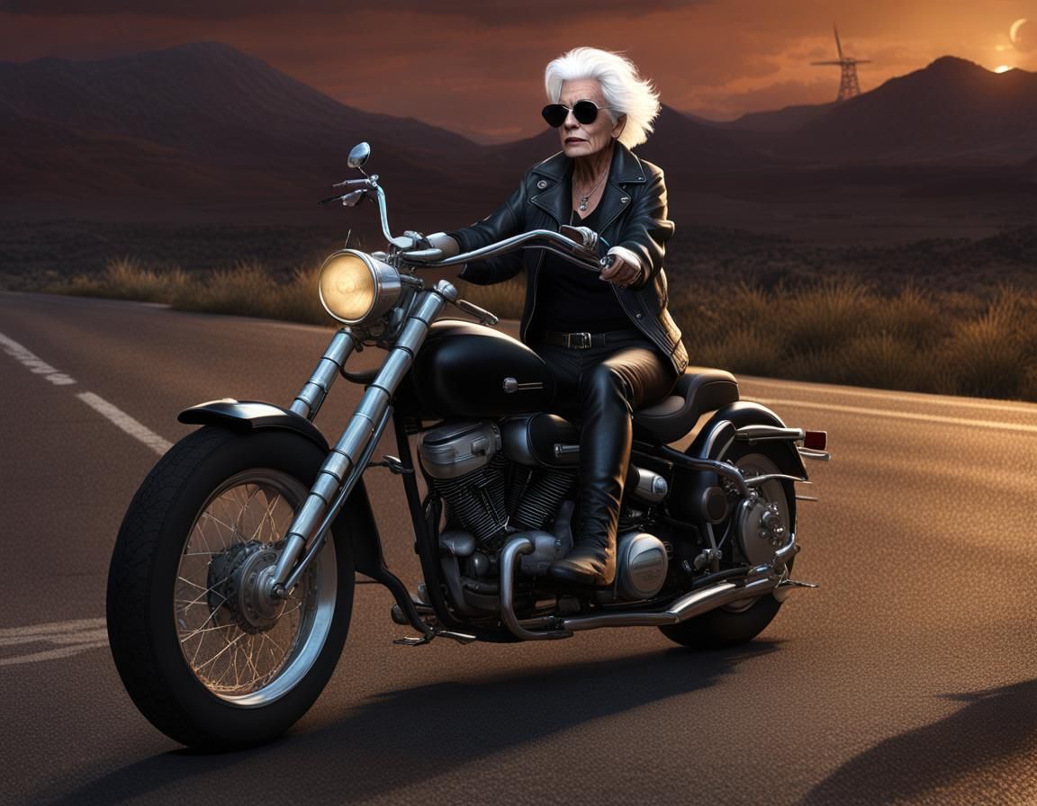 Elderly Biker on Chopper at Night: Photorealistic Matte Pain...