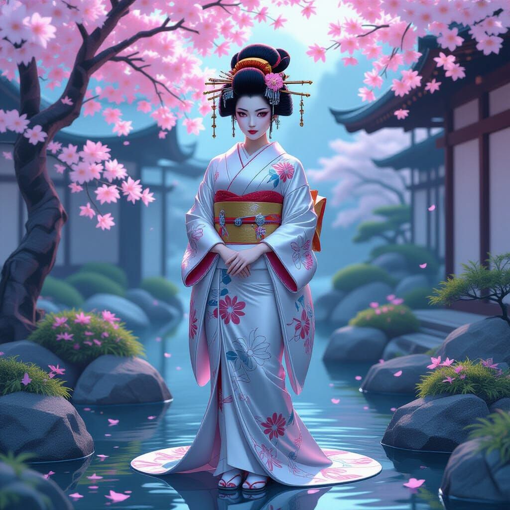 Futuristic Geisha in Cyberpunk Garden with Neon Ornaments