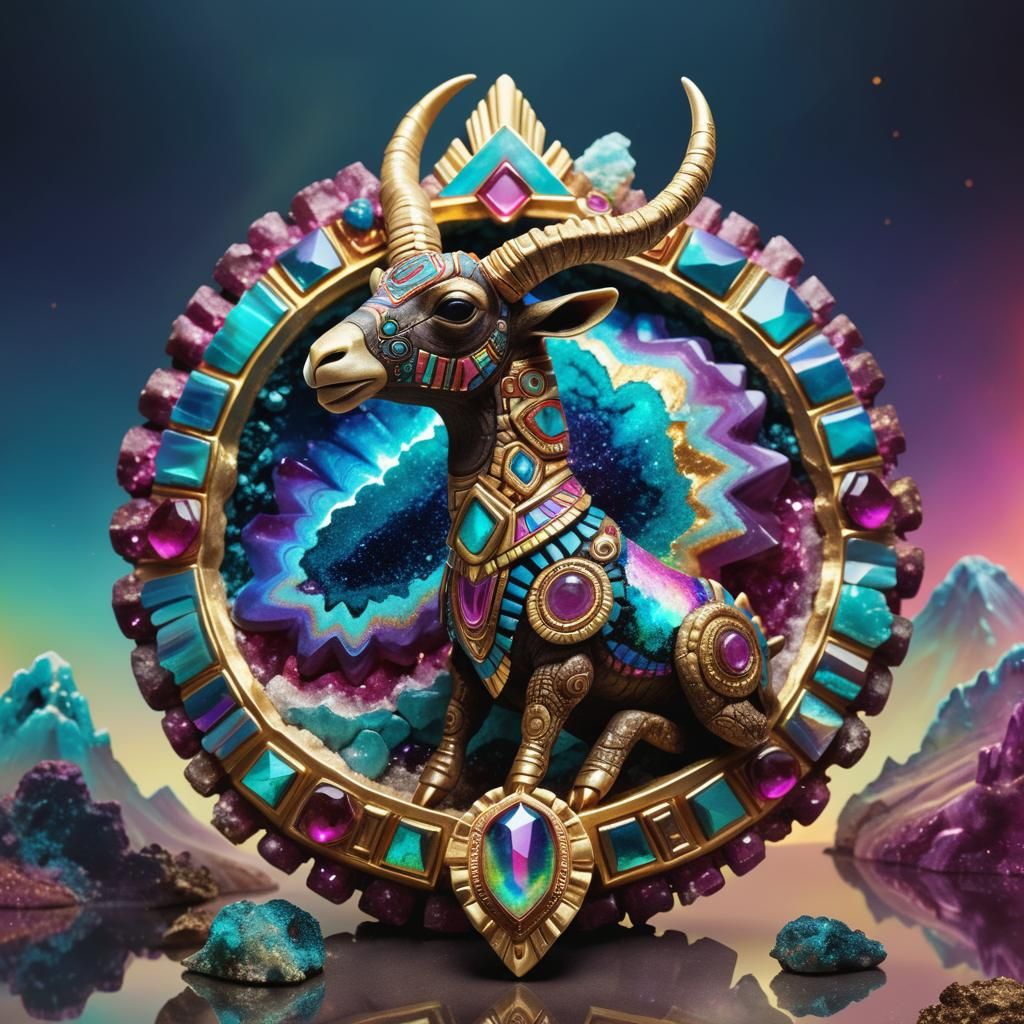 Aztec Geode Ibex with Trident in Artistic Splendor