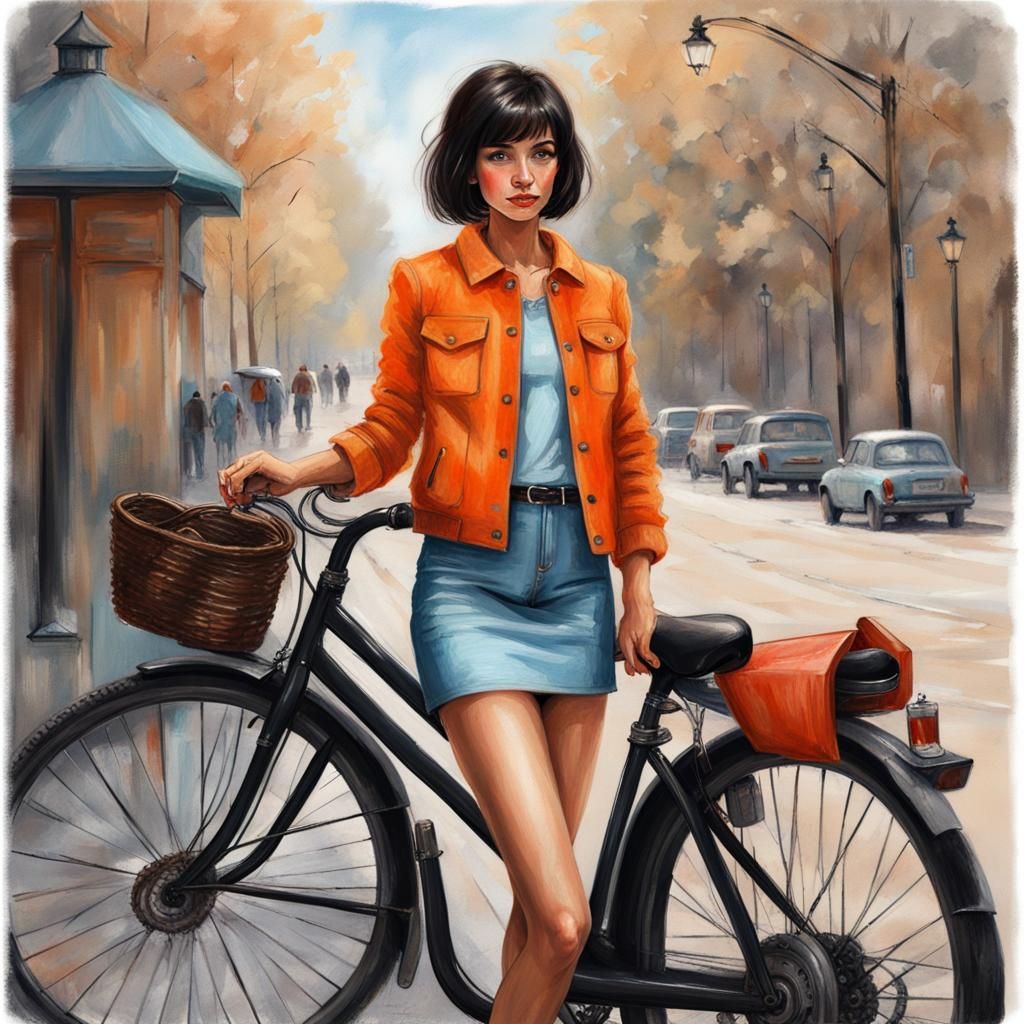 Woman with Bicycle: Digital Watercolor Illustration