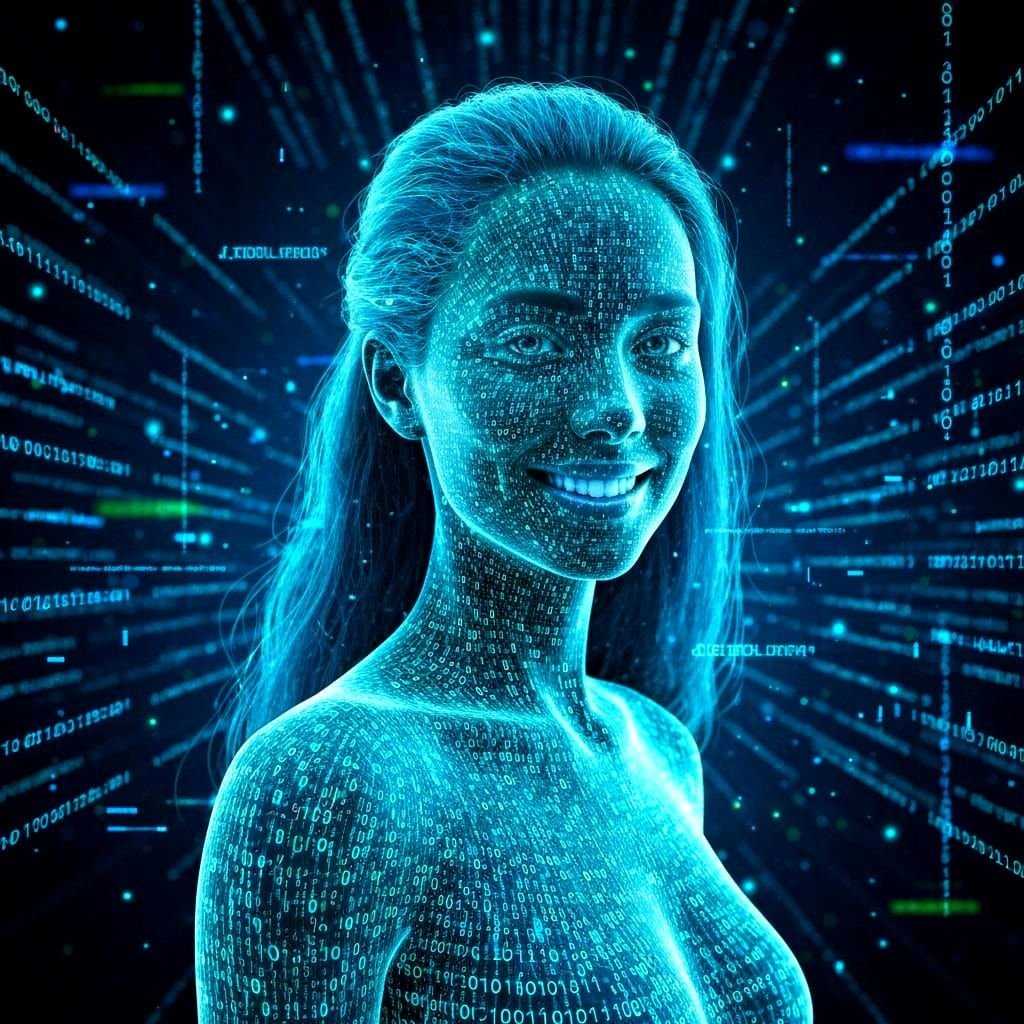 Woman Made of Binary Code in Futuristic Cyberspace
