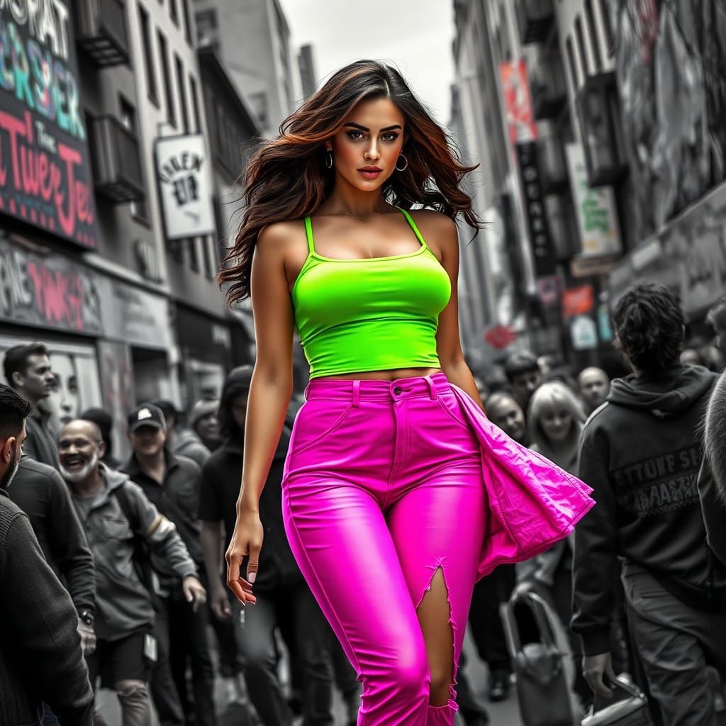 Vibrant Woman in Monochrome Cityscape, Digital Art