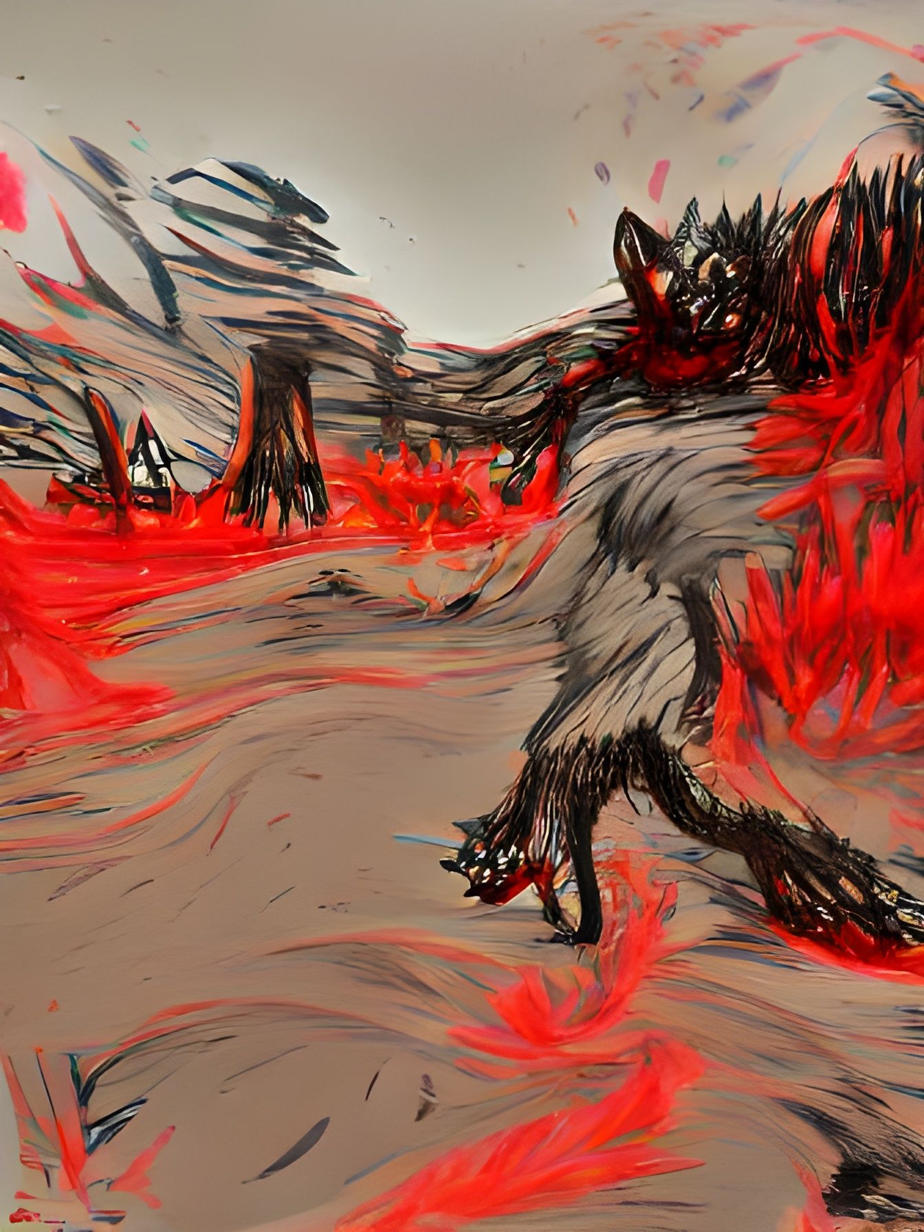 Enraged Ash Wolf in Burned Forest: Ink Drawing