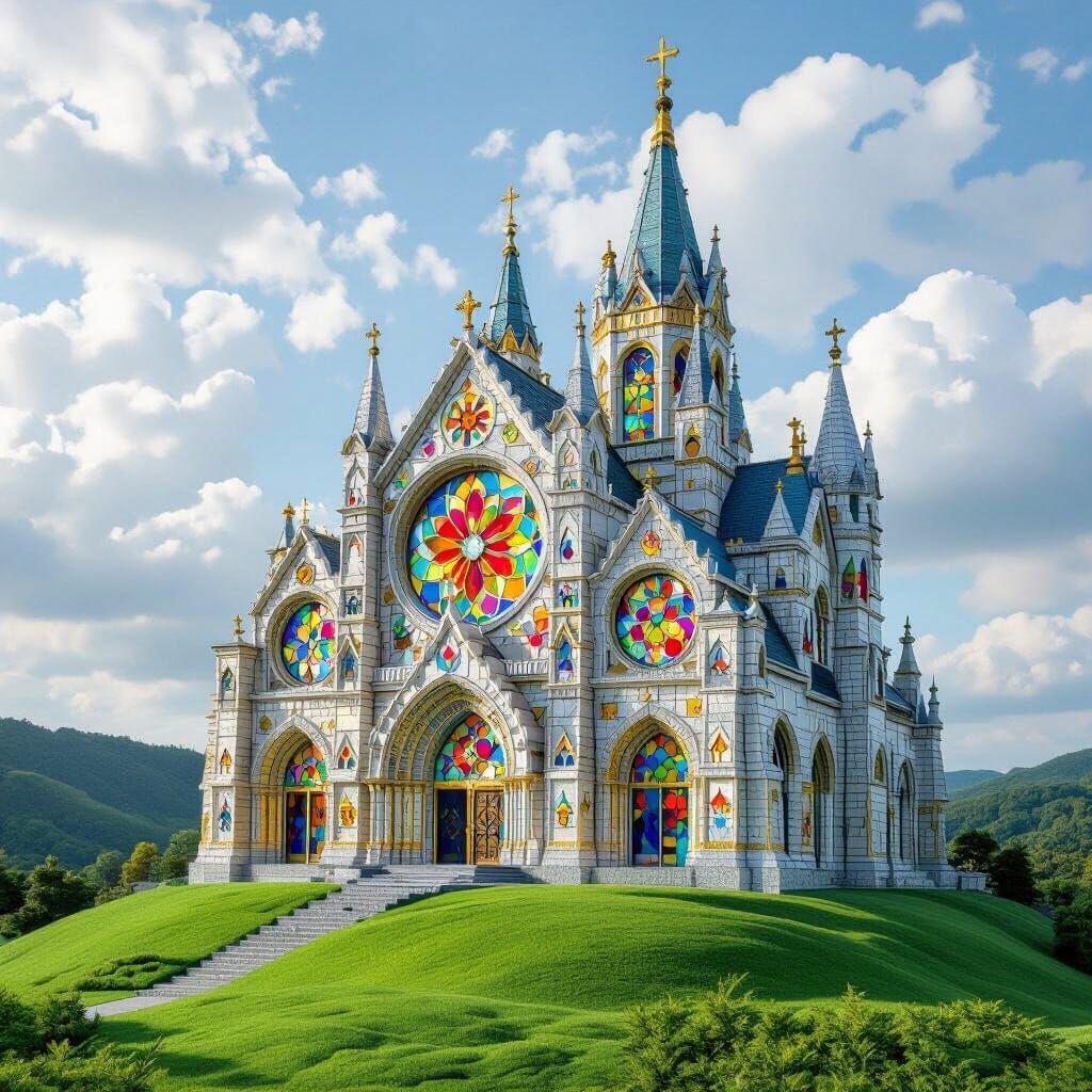 Felt Cathedral with Stained Glass Windows, Illustrative Styl...