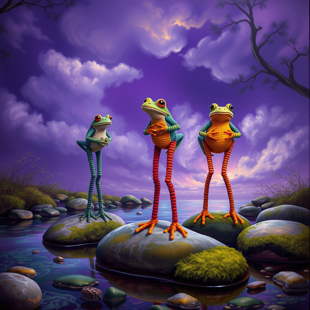 Knitted Frogs on Stilts in Surreal Landscape