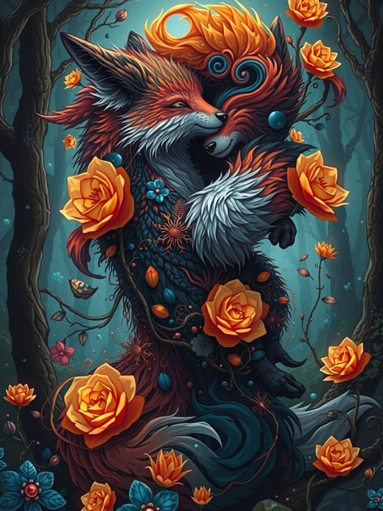 Surreal Fox in Vibrant Forest Landscape, Inspired by Pop Art...