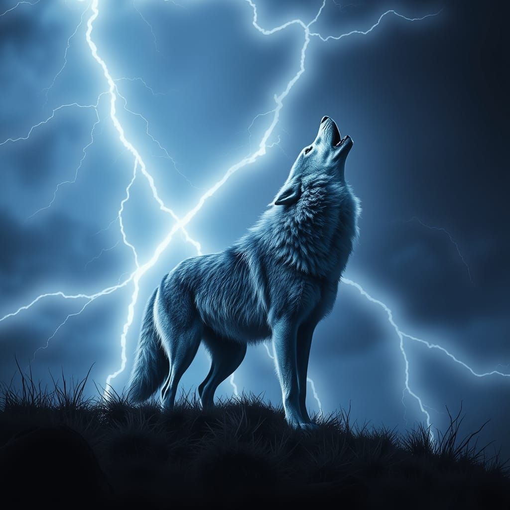 Blue Wolf in Dramatic Lightning Storm