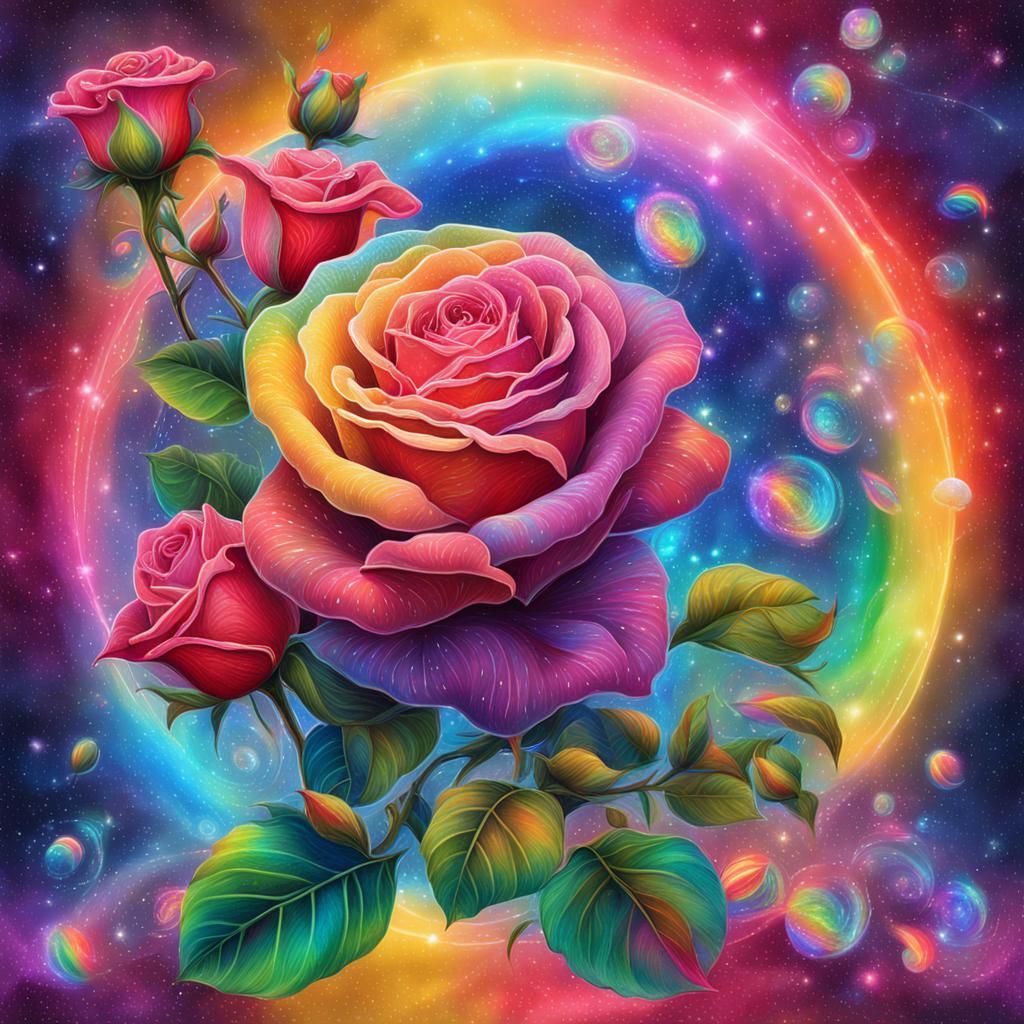 Cosmic Rainbow and Roses Illustration