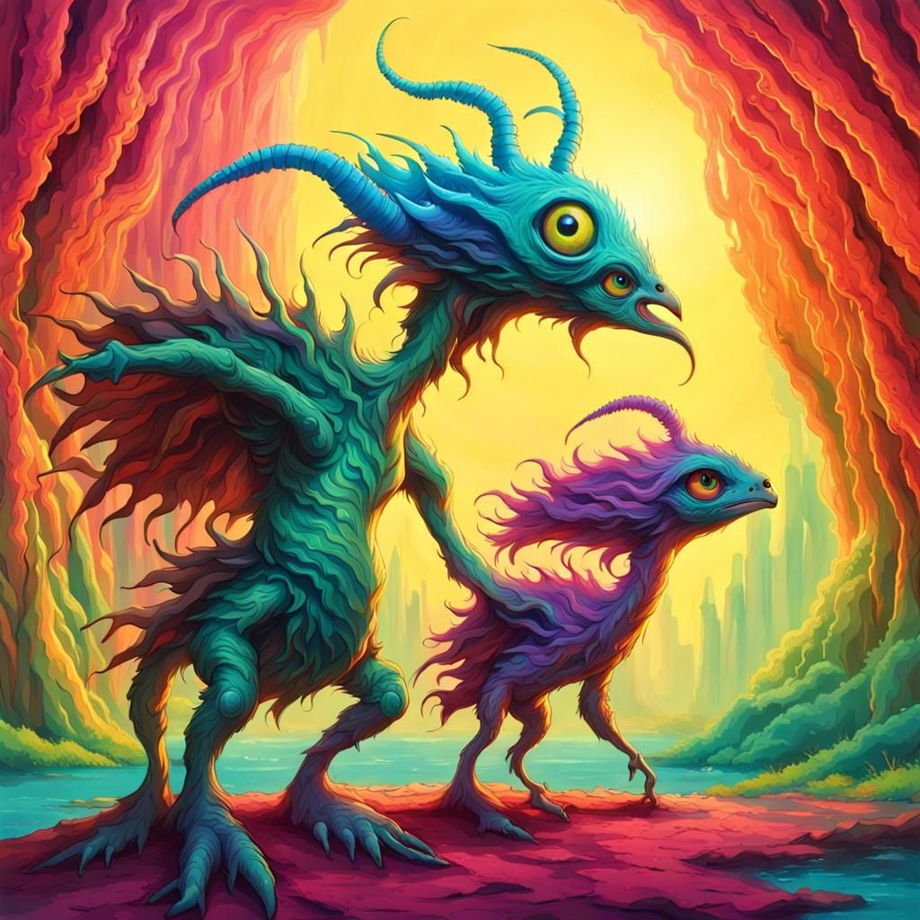 Whimsical Creature and Sibling in Fantasy Landscape