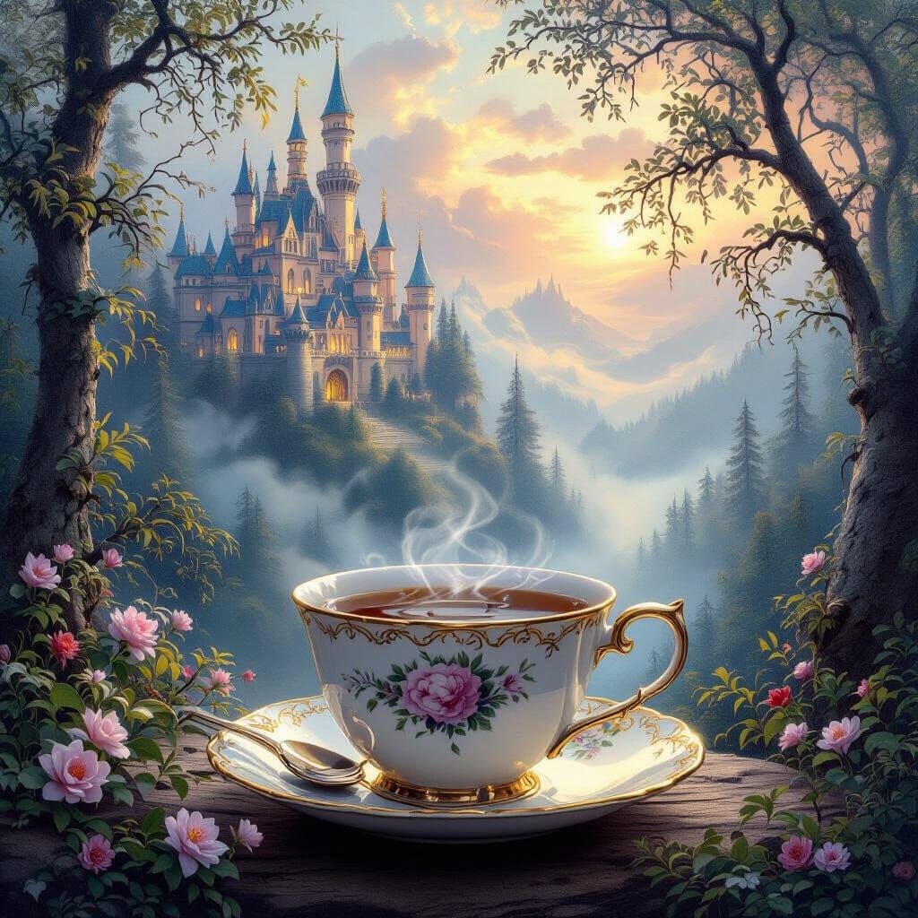 Ethereal Forest Scene Inside a Coffee Cup