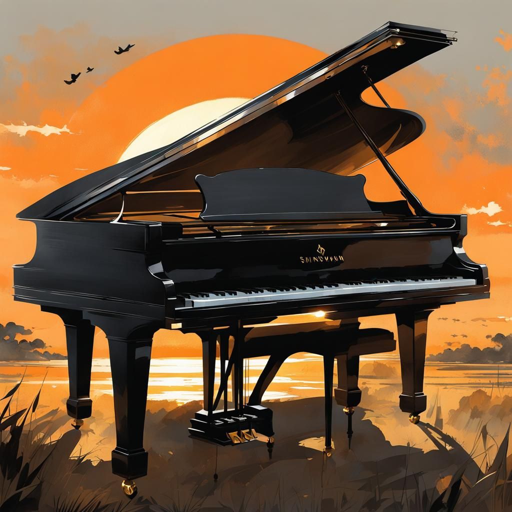 Cute Mouse Plays Piano at Sunset, Digital Art