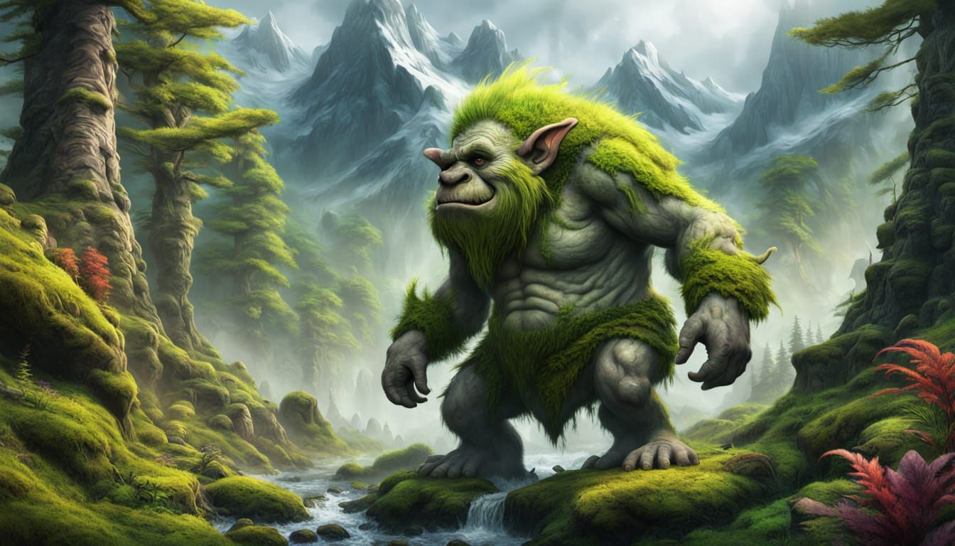 Moss Troll in Lush Forest: Hyperrealistic Concept Art