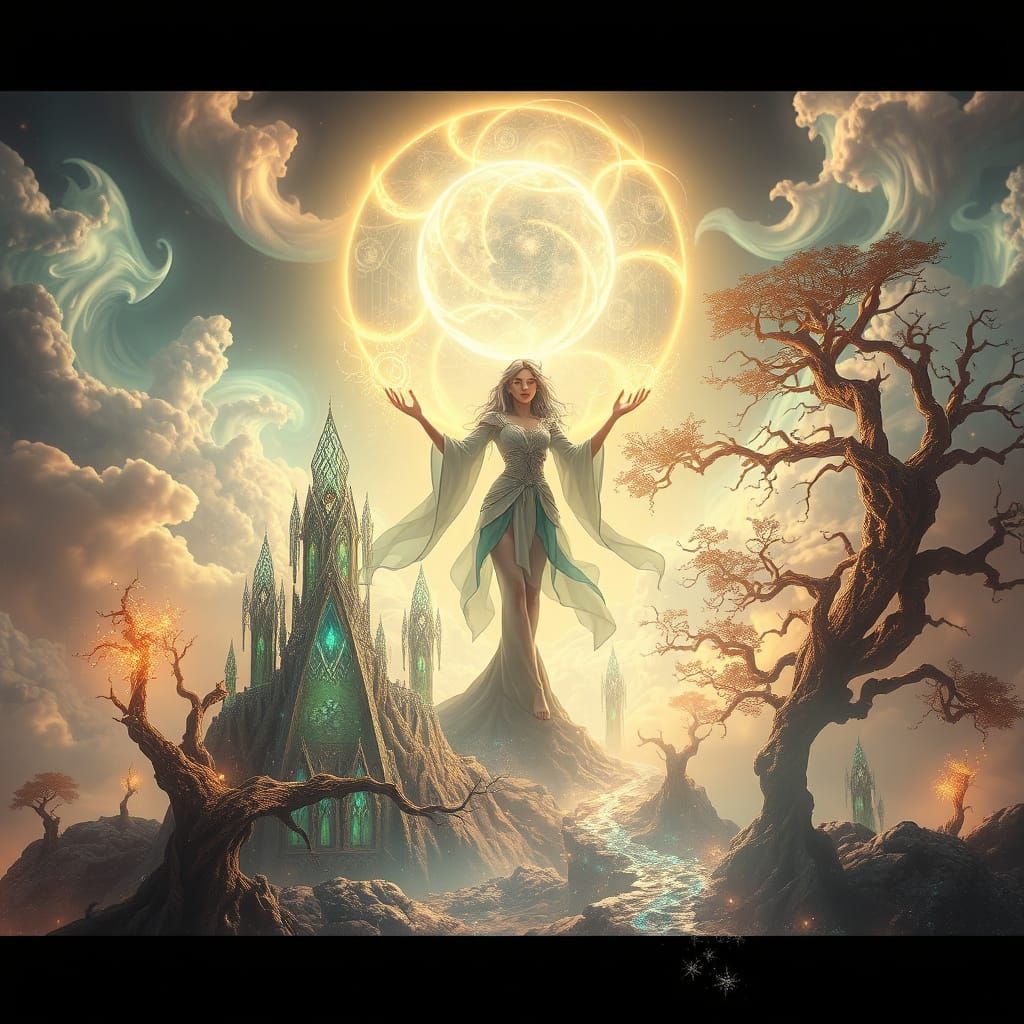 Sorceress Conjures Iridescent Realm in Shimmering, Pearlesce...