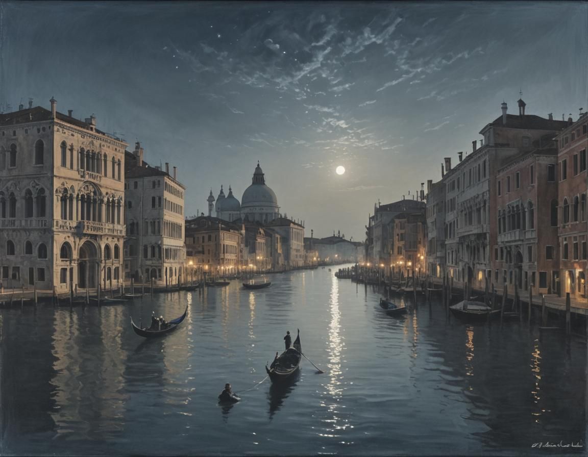 Eine nächtliche Szene von (Venedig) in (dunkelblauen und schwarzen Tönen), der (Nachthimmel) durchbrochen von (silbern r...