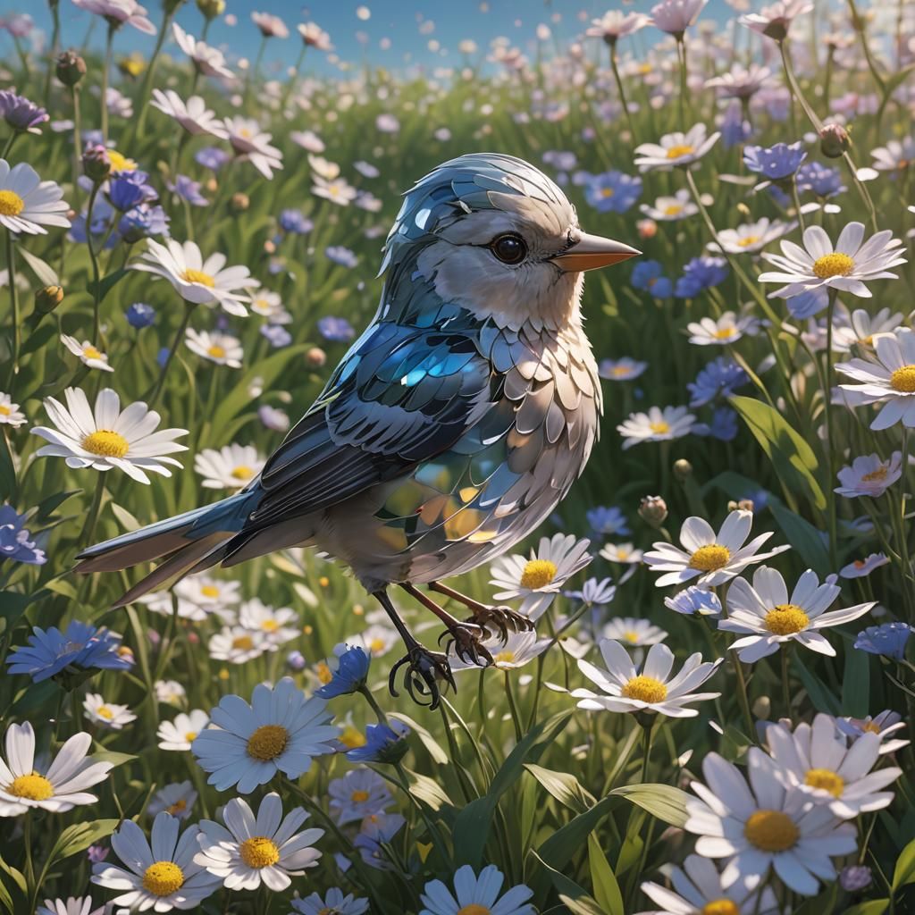 Glass Songbird in Flower Field: 3D Anime Art