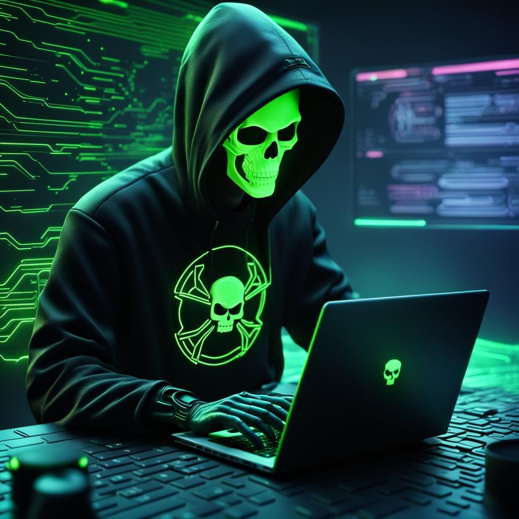 Hacker with Skull Logo in Neon Cyberpunk Style